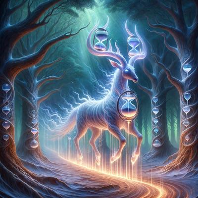 The primary subject of the image is a white deer with antlers, standing in a forest. The setting is a forest with trees and a path. The visual style is digital art, and the colors and mood are predominantly blue and serene.